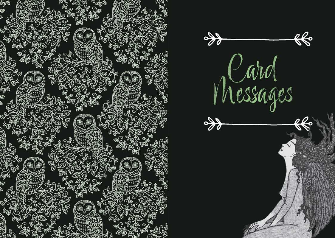 Decorative card with owl illustrations and a woman with angel wings on a black background.