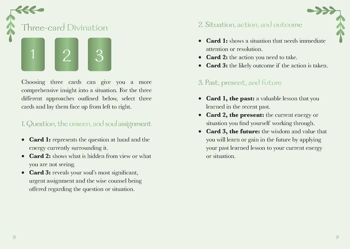 Instructional slide on three-card divination with numbered cards and explanatory text.