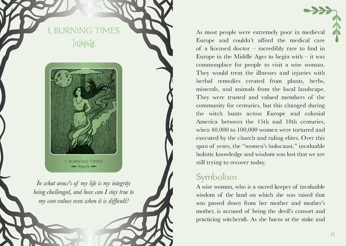 Card with a green design featuring a woman and text on a decorative border.