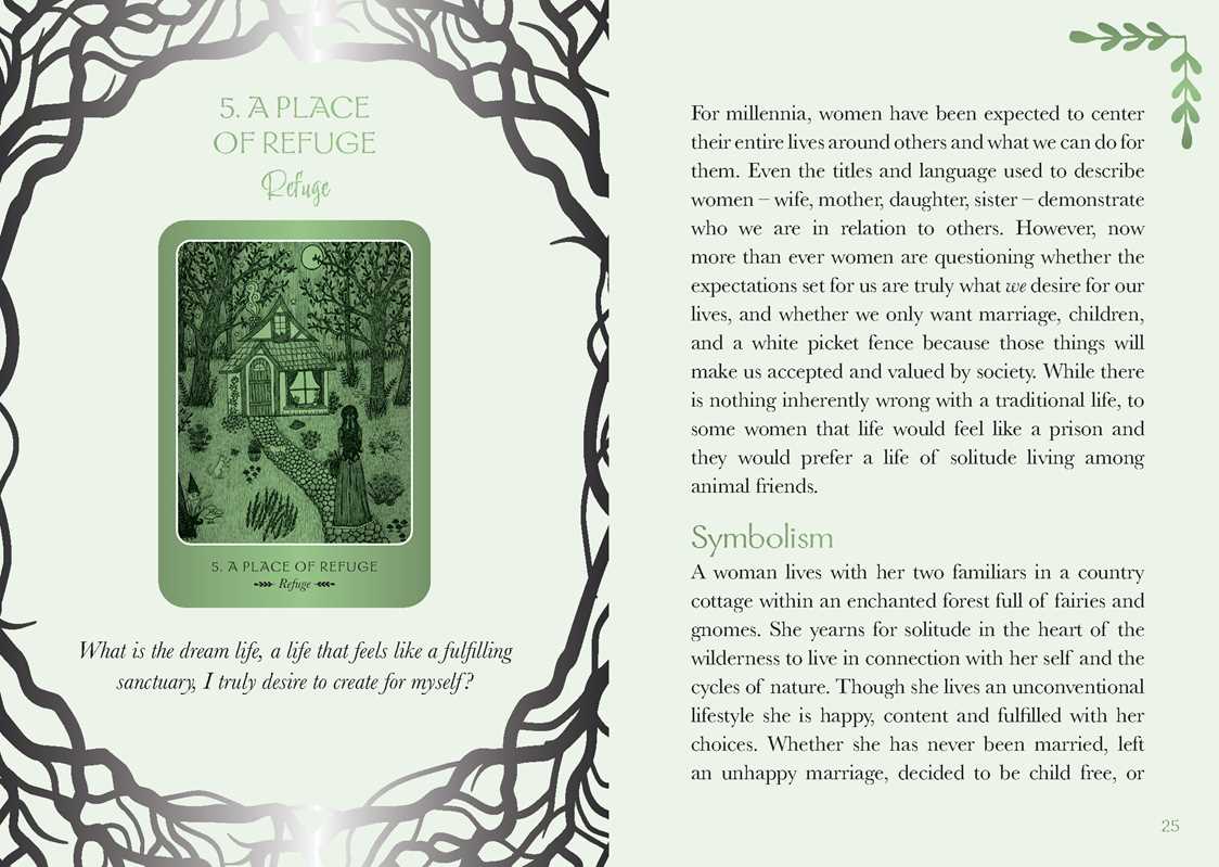 Magical book page with a green illustration of a woman in a forest, text, and decorative elements.