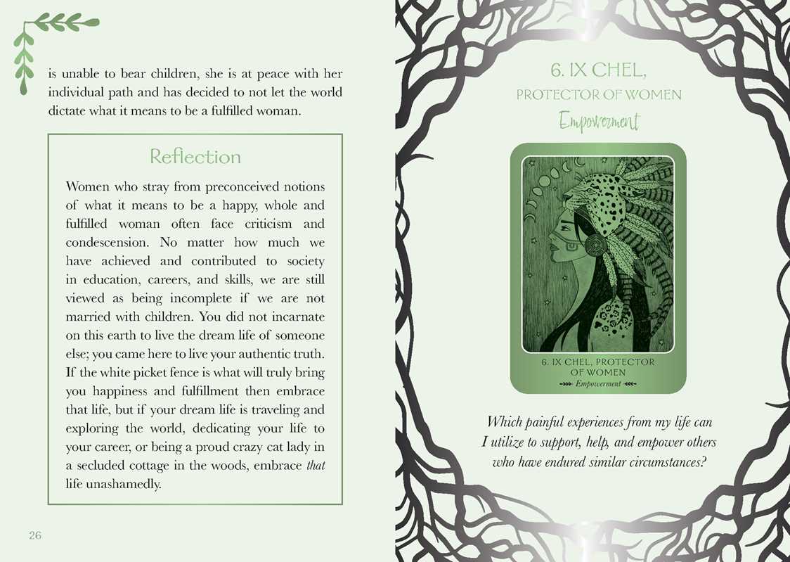Card with a stylized illustration of a woman and text on a decorative background