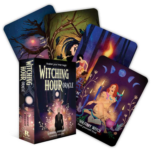 A Witching Hour Oracle card deck featuring illustrations of mystical and magical scenes, with a guidebook and a box packaging in the background.