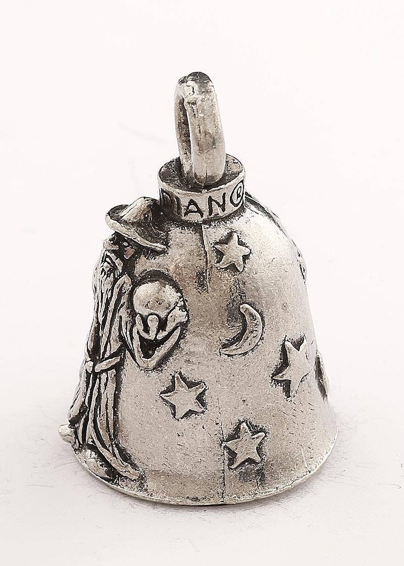 Silver bell charm with angelic design on a white background