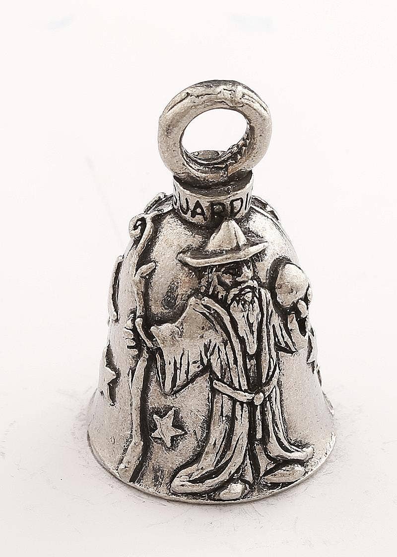 Silver bell with a wizard design on a white background