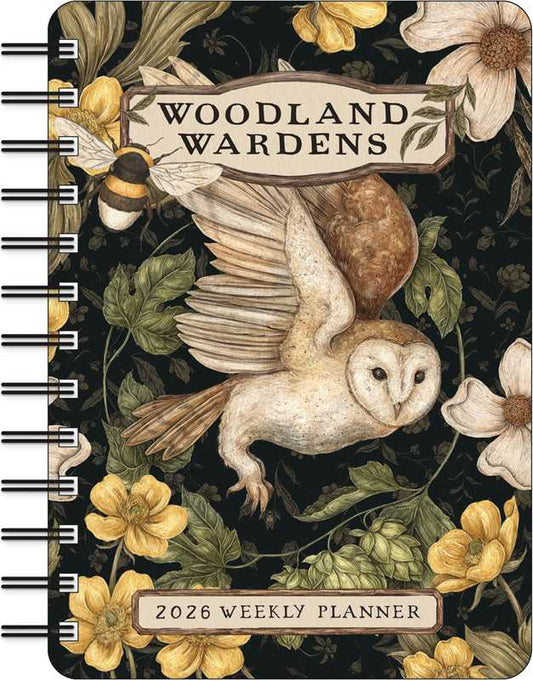 Woodland-themed weekly planner with owl illustration and floral design on a dark background