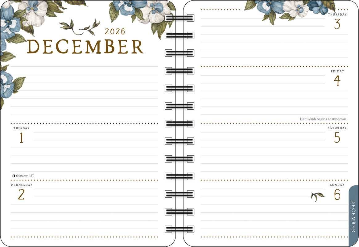 Planner with December 2025 calendar design featuring floral elements.