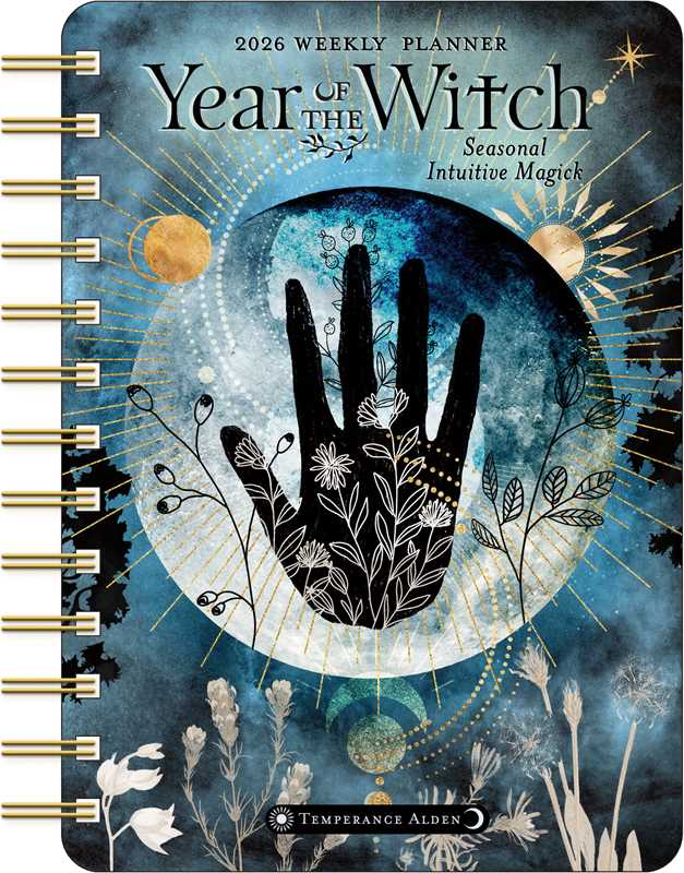 Planner cover with hand, moon, and nature elements titled 'Year of the Witch'.