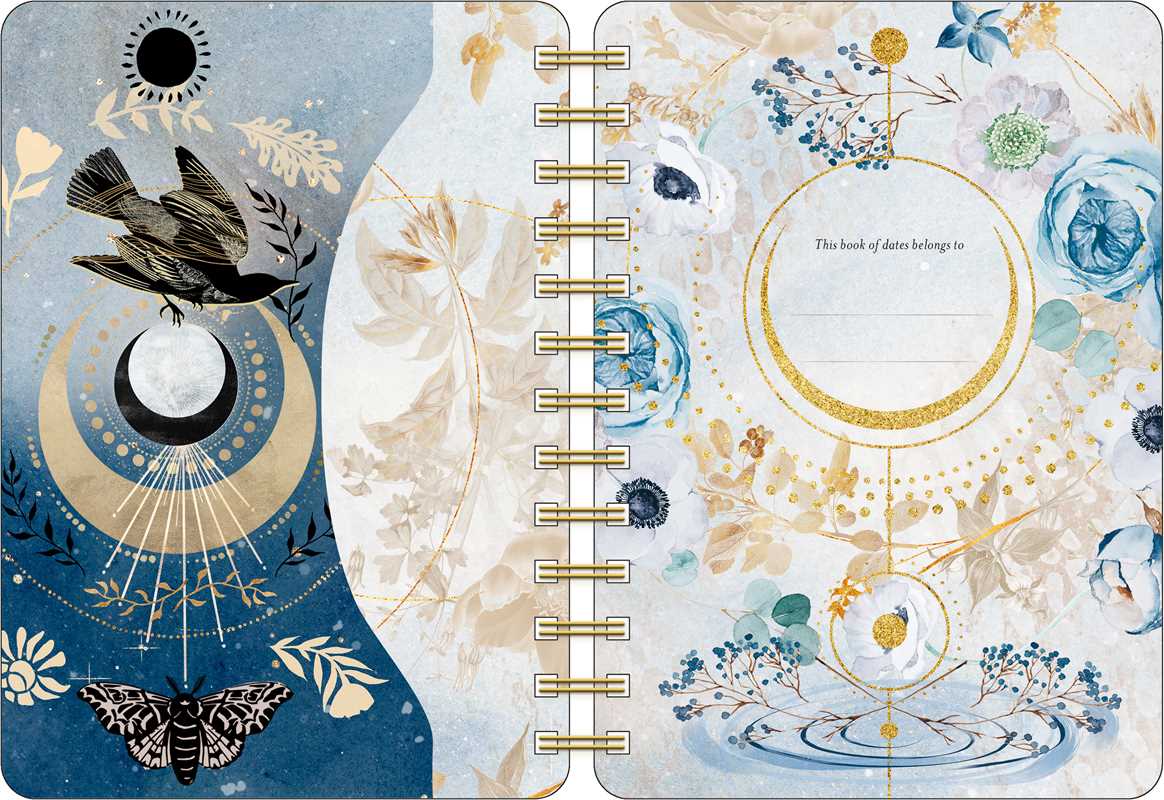 Decorative notebook cover with celestial design, flowers, and a bird.