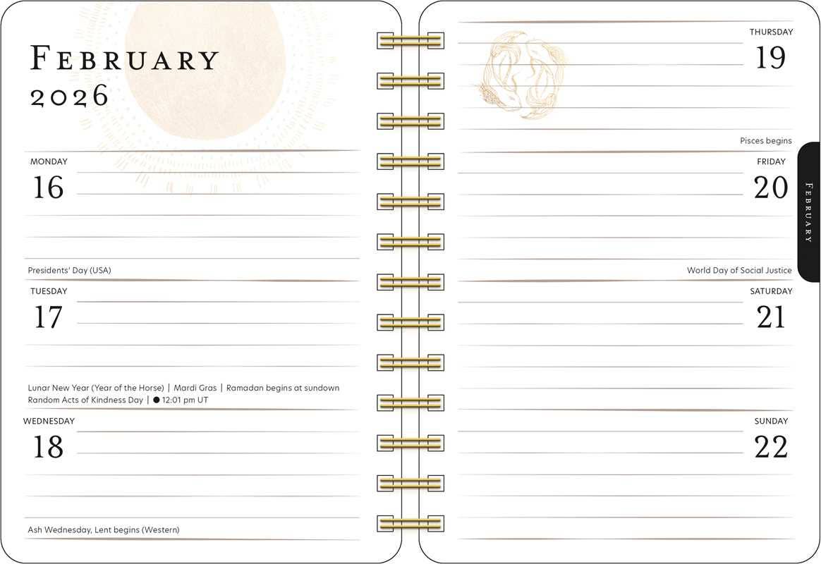 Two pages from a planner showing February 2026 with gold binding.