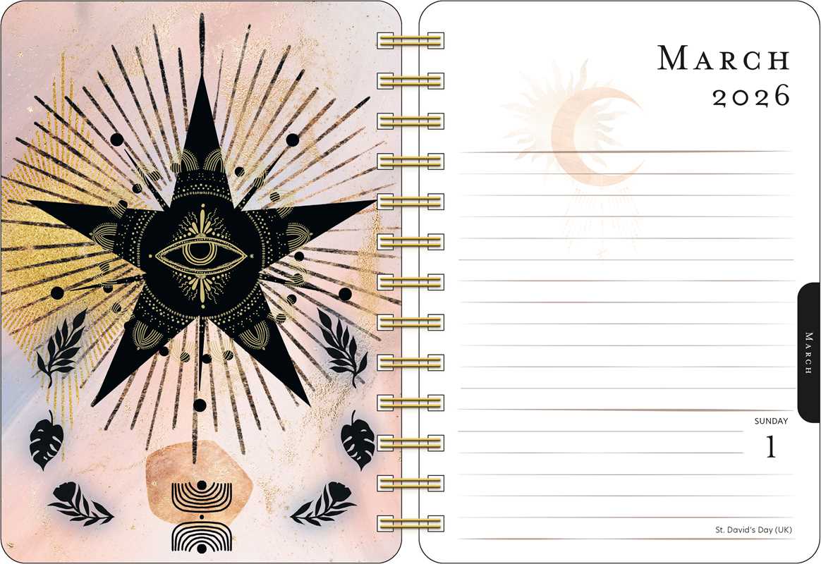 Calendar with star design and eye symbol for March 2026