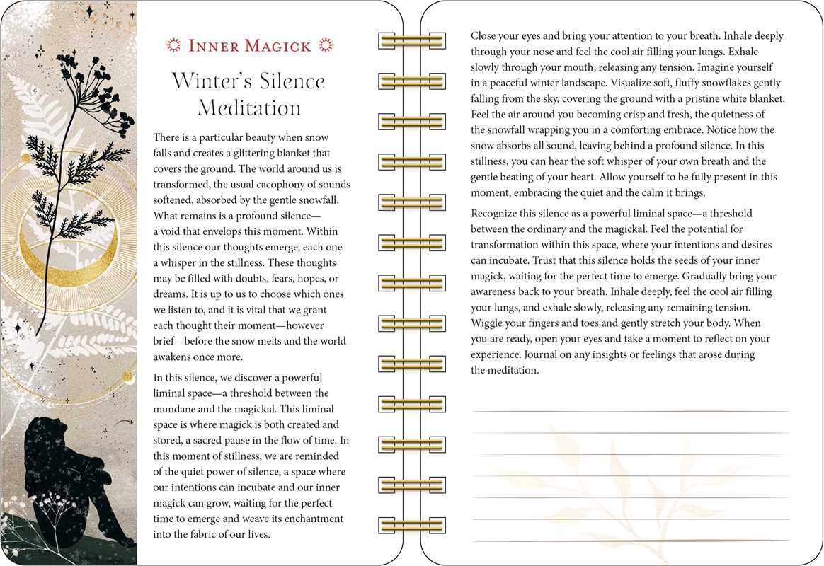 Open book with meditation instructions and nature illustrations on a white background