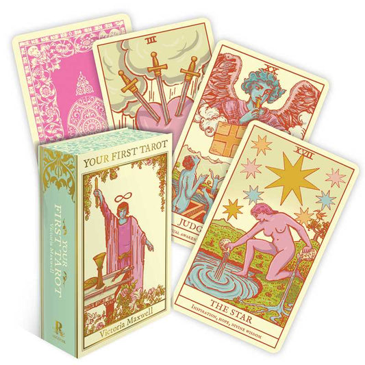 Collection of tarot cards with a box labeled 'Your First Tarot' by Victoria Marvel on a white background.