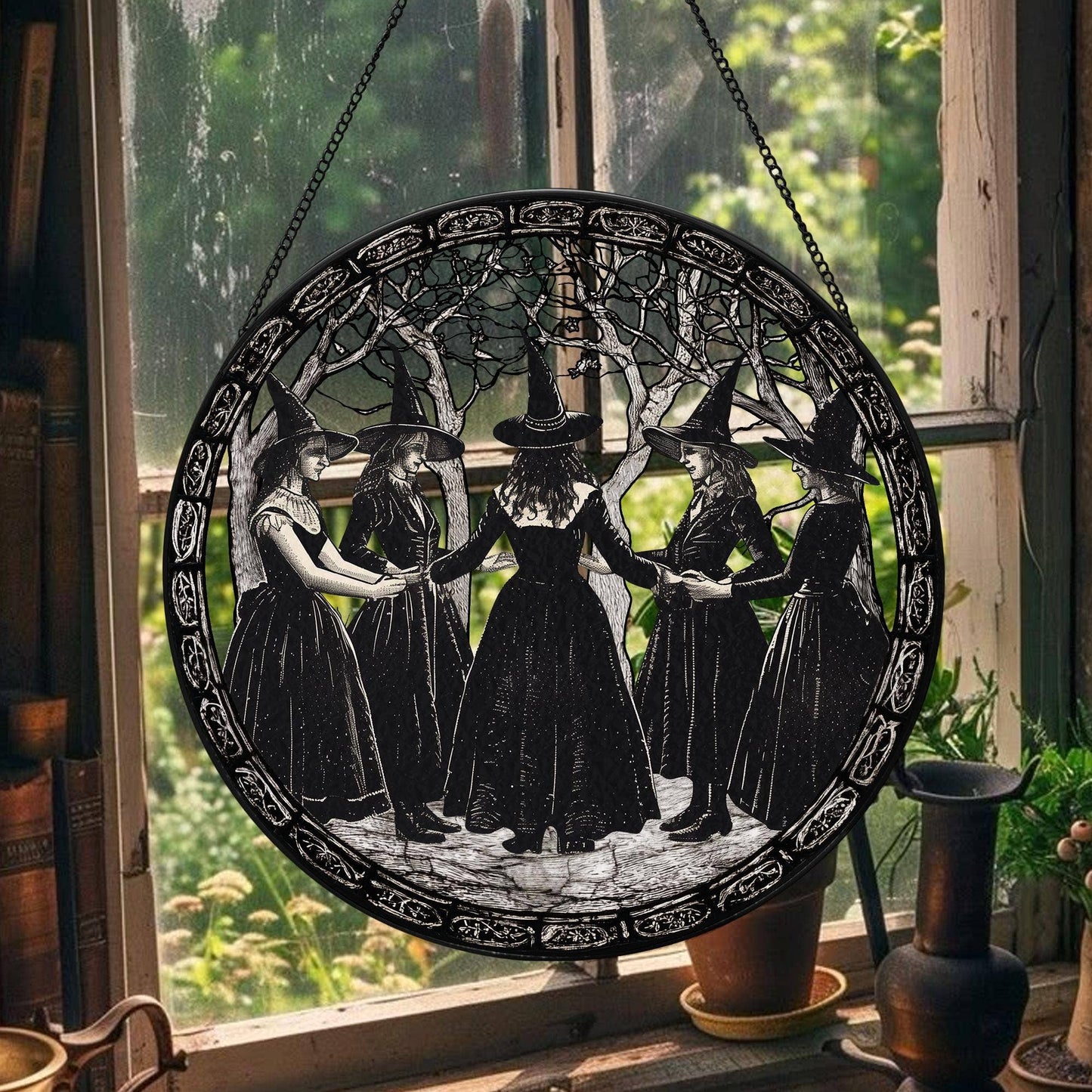Girls Will Be Girls Stained Glass Suncatcher – Salem Witch Window Art