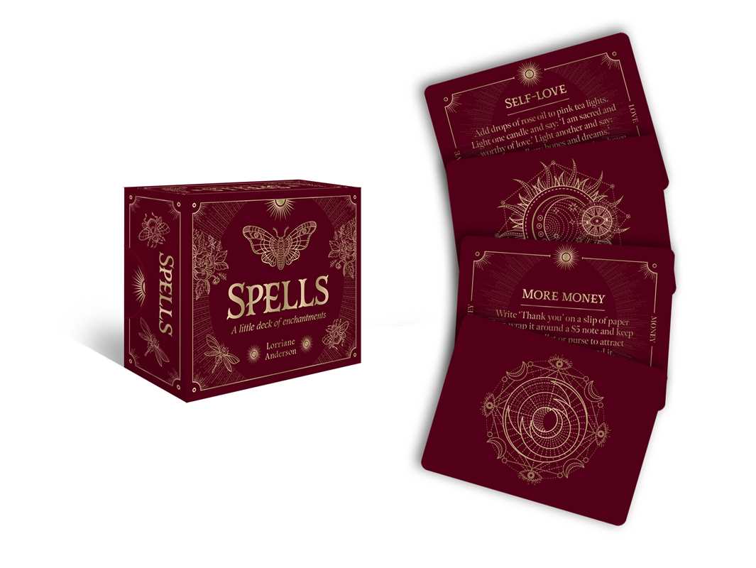 Maroon card deck with 'Spells' packaging on a white background