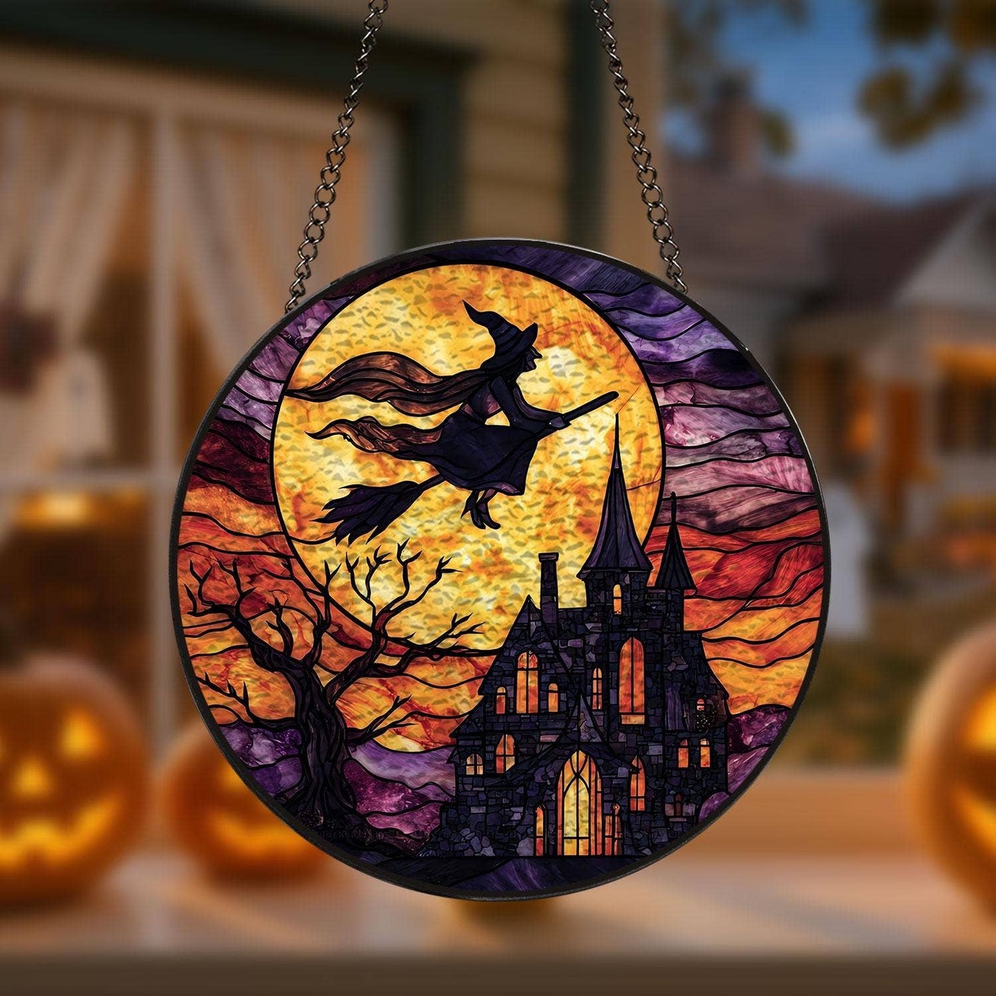 Witch Flying Over Castle Stained Glass Suncatcher – Window Art