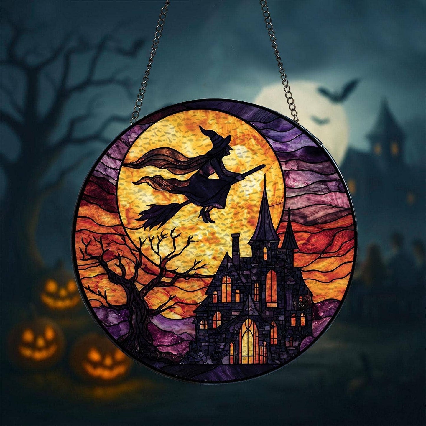 Witch Flying Over Castle Stained Glass Suncatcher – Window Art