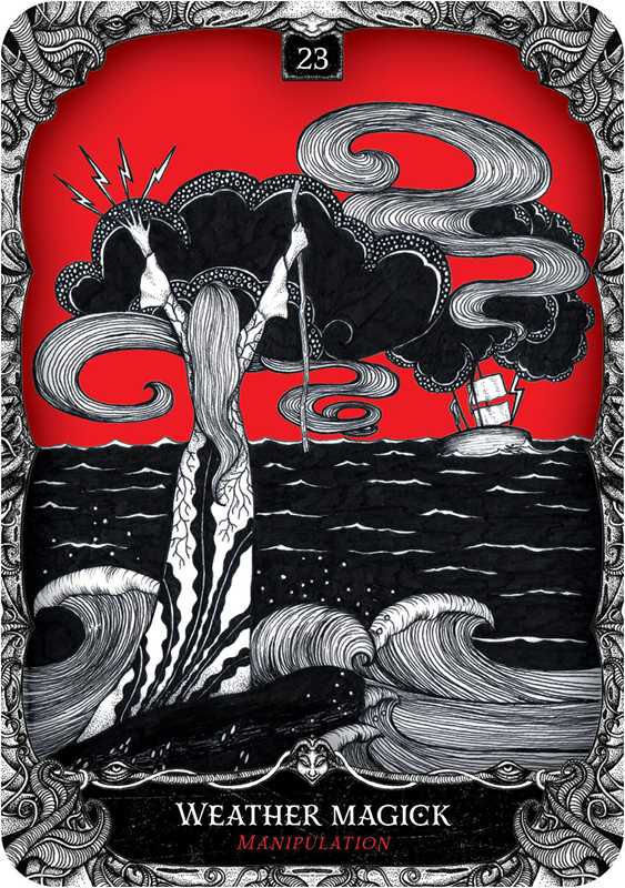 Tarot card with a central figure casting a spell over swirling waters and clouds, labeled 'Weather Magick'.