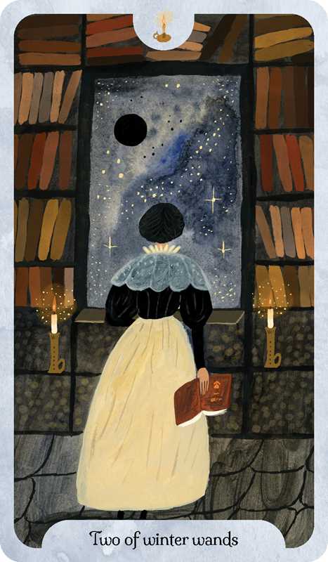 Card from a tarot deck featuring a person holding a book in front of a starry night sky with a moon.