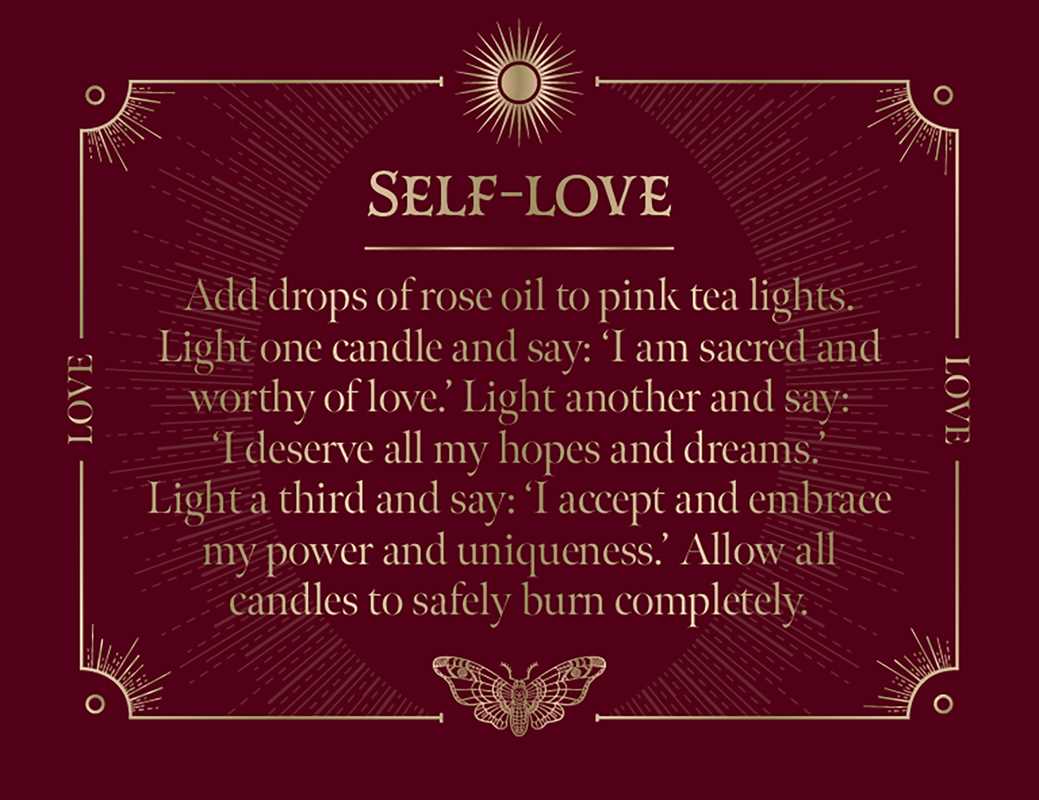 Instructions for self-love ritual with rose oil and pink tea lights on a maroon background.