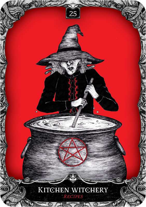 Vintage-style illustration of a witch stirring a pot with a pentagram symbol on a red background, titled 'Kitchen Witchery'.