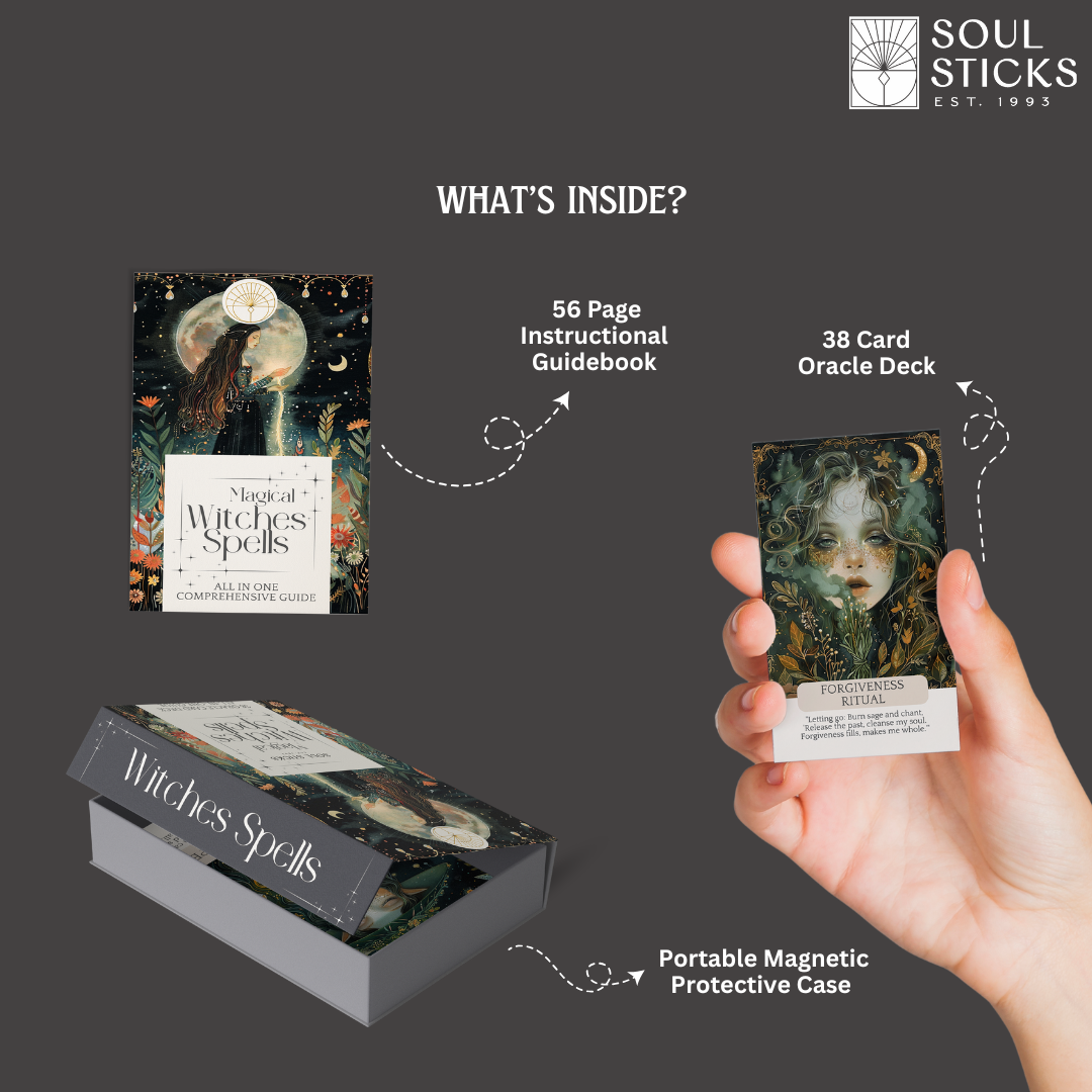 Soul Sticks product set with guidebook, oracle deck, and protective case on a dark background