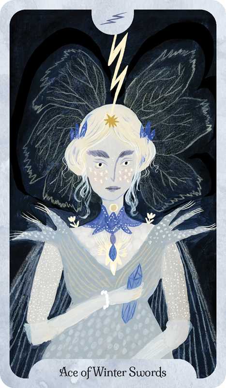 Card from a tarot deck featuring a character with angelic wings and a lightning bolt, labeled 'Ace of Winter Swords'.