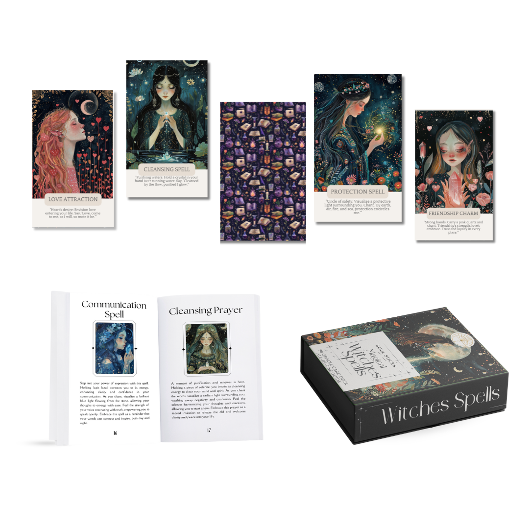 Collection of witch-themed cards and a box labeled 'Witches Spells' on a white background.