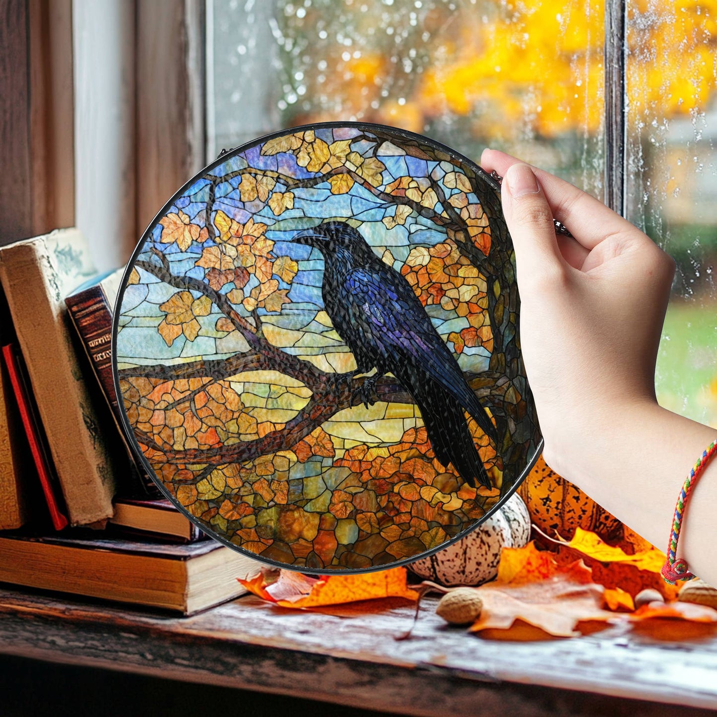 Black Raven Autumn Stained Glass Suncatcher