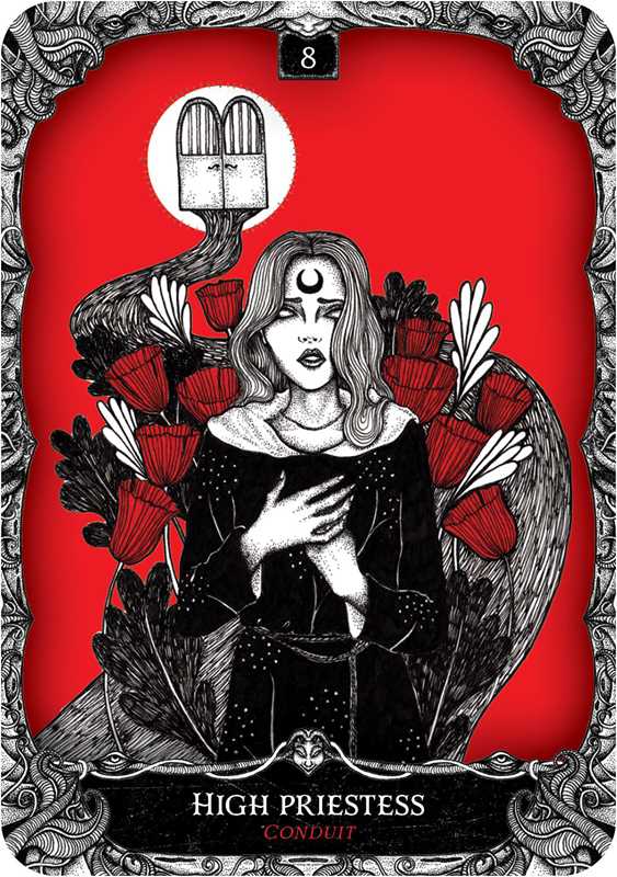 Tarot card featuring a high priestess with red background and intricate border