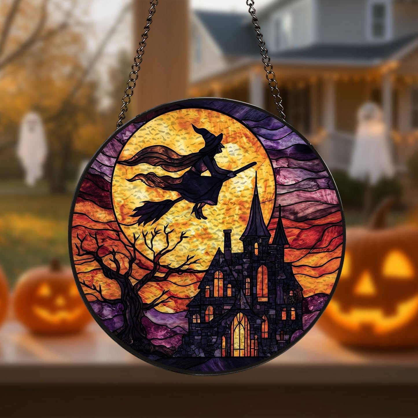Witch Flying Over Castle Stained Glass Suncatcher – Window Art