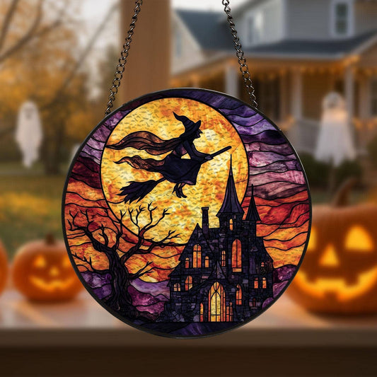 Witch Flying Over Castle Stained Glass Suncatcher – Window Art