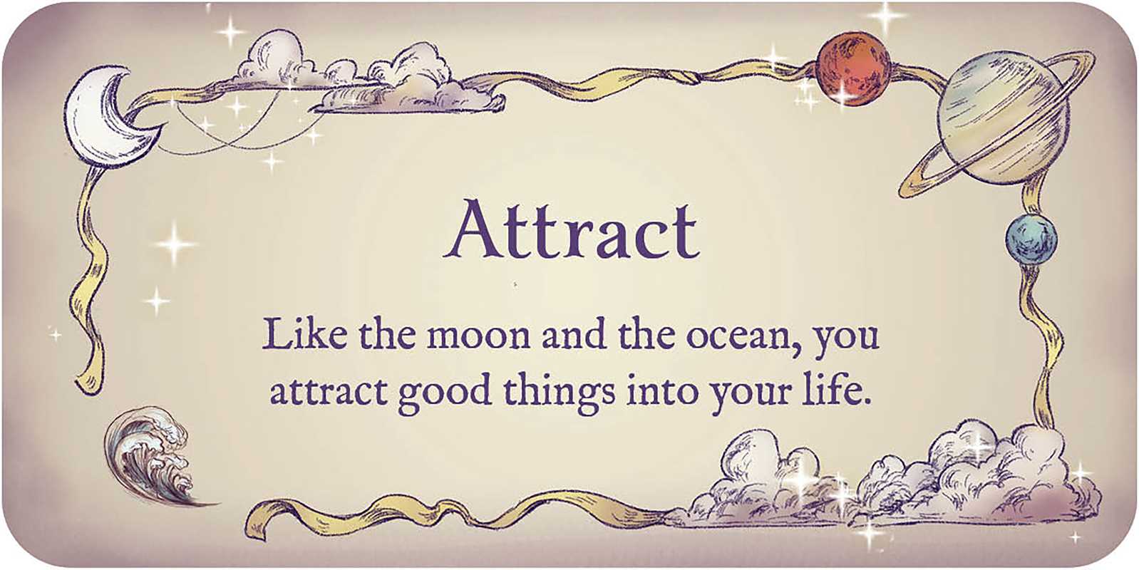 Decorative card with celestial elements and motivational text on a beige background