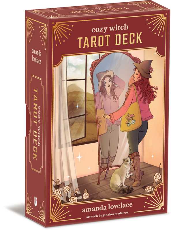 Cozy Witch Tarot Deck packaging with illustration of two people and a dog in a room.