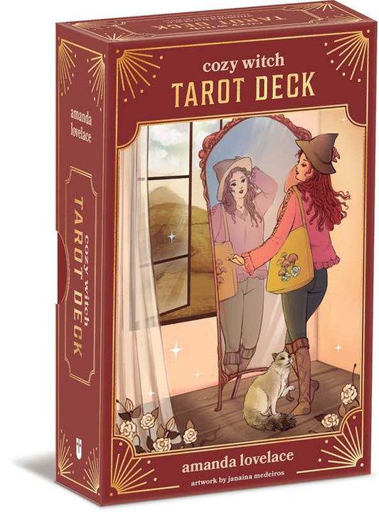 Cozy Witch Tarot Deck packaging with illustration of two people and a dog in a room.