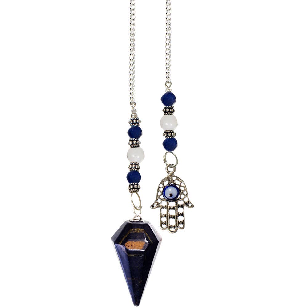 Hexagonal Blue Tiger Eye Pendulum with Fatima Hand