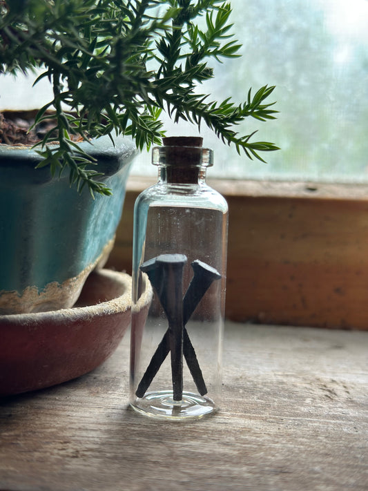 Clear glass bottle with vintage forged iron nails inside on a wooden surface with plants in the background